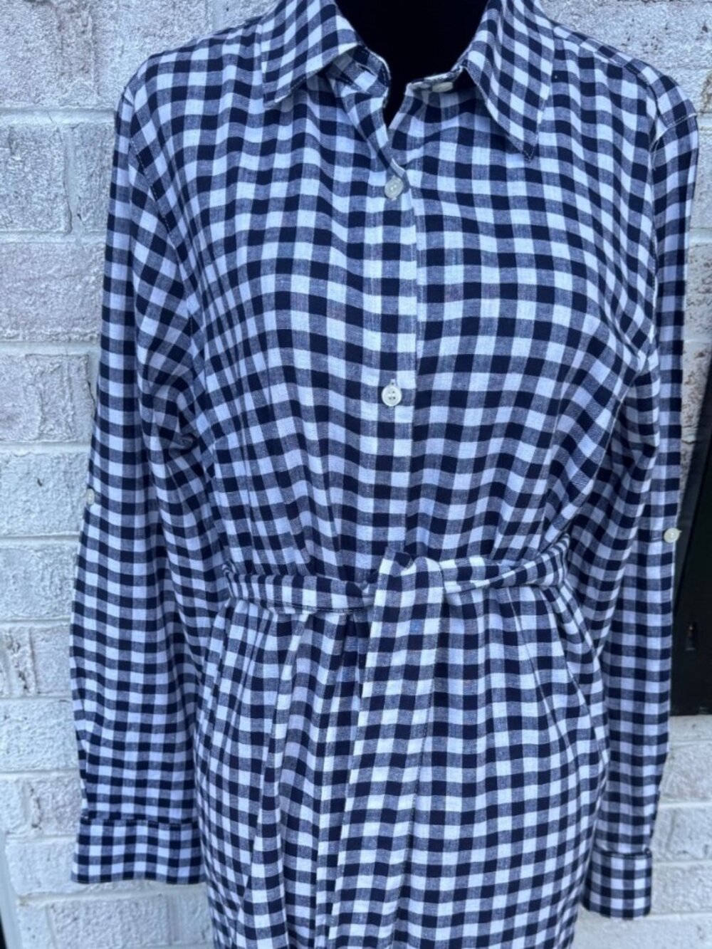 Linen Cotton Buffalo Check Shirt Dress Navy White Belted Roll Tab Sleeve L 12-14